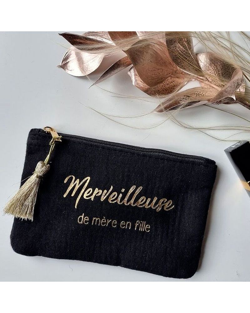 Pochette zippée argentée et noire Merveilleuse avec pompon