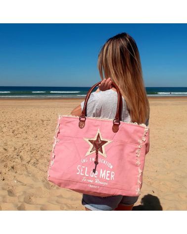 Sac cabas de plage XL couleur tabac imprimé Sel de mer anses cuir