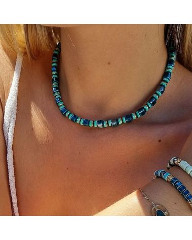 Collier Taille 46cm environ style surfeur/surf homme/femme perles Pierre  Naturelle Véritable Turquoise stabilisée Bois Cocotier/Coco Ø 8mm