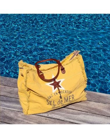 sac de plage toile et cuir jaune safran
