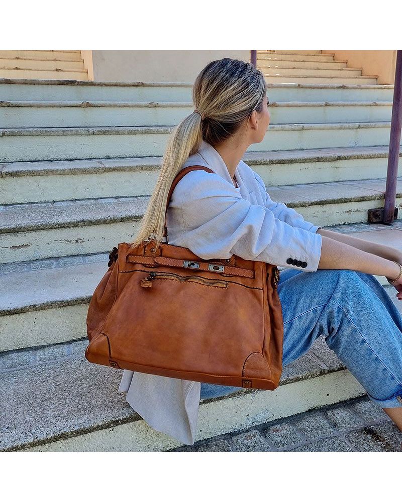 Sac cabas Cuir Souple Italien effet Vintage Camel