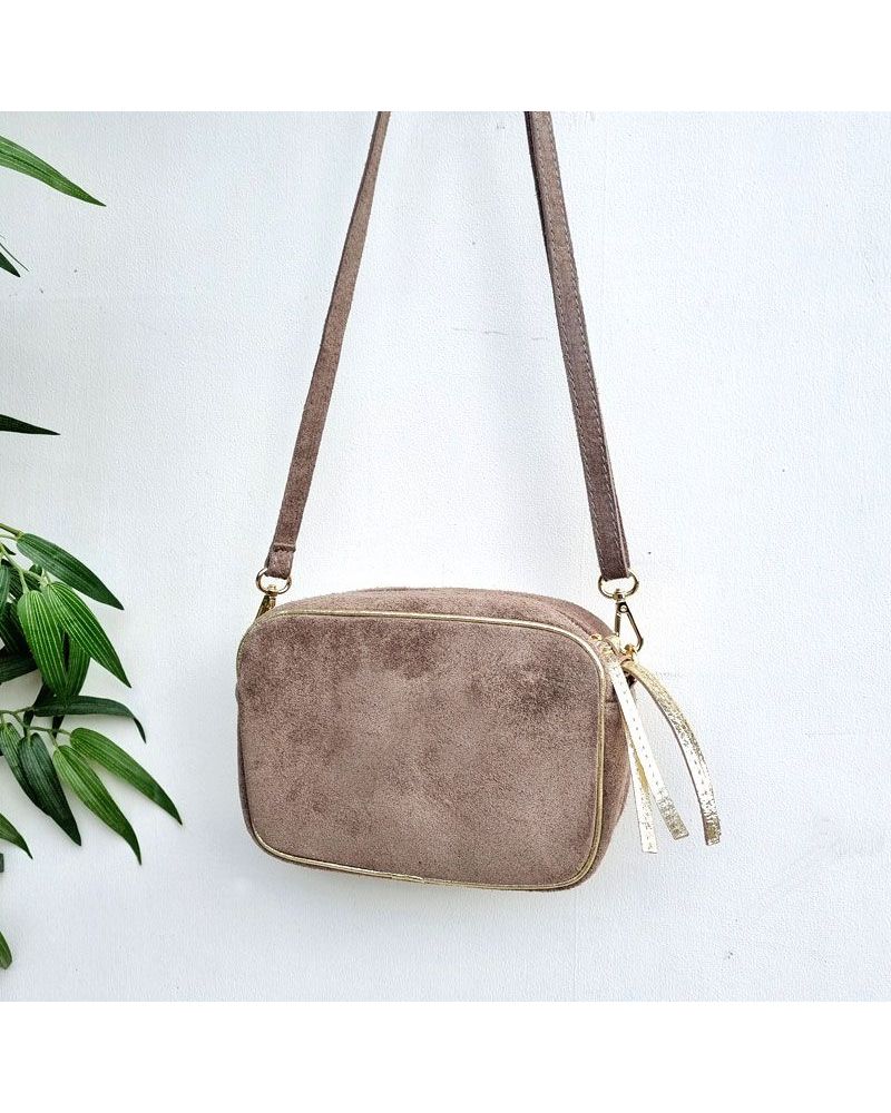 Sac ?� bandouli?�re daim taupe| Made in Italy | Zosha Collection