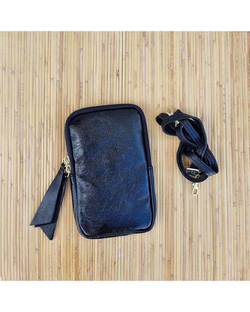 pochette téléphone cuir irisé noir