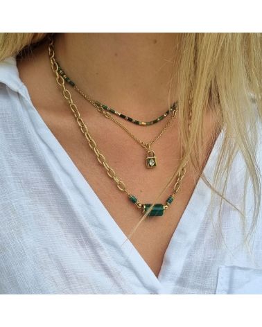 collier acier cylindre agate verte