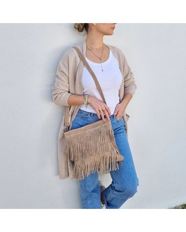 sac à franges daim beige