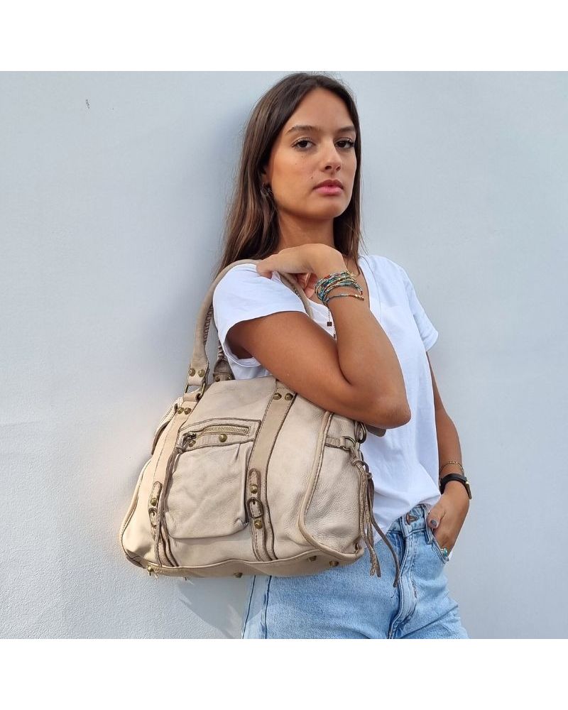 sac esprit vintage cuir beige