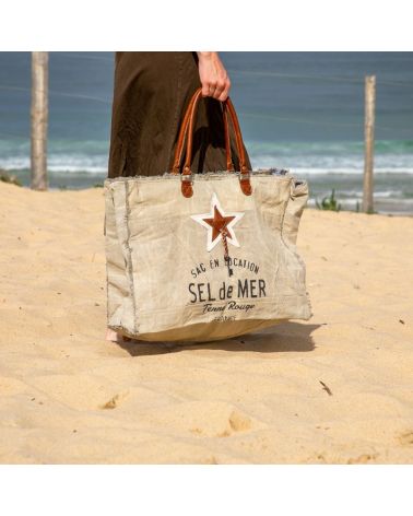 grand cabas de plage toile et cuir beige
