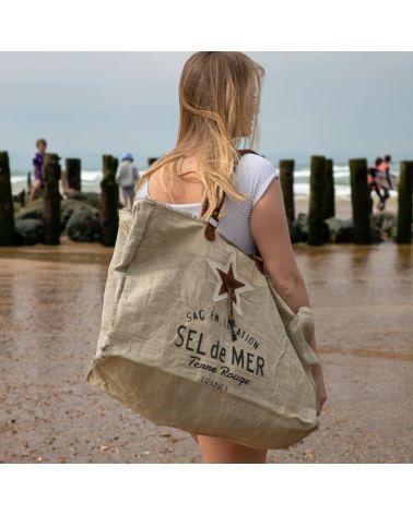 grand cabas de plage toile et cuir beige