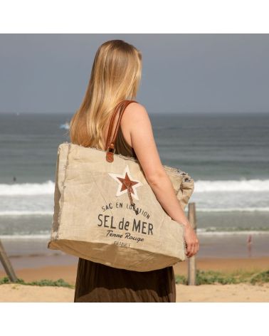 grand cabas de plage toile et cuir beige