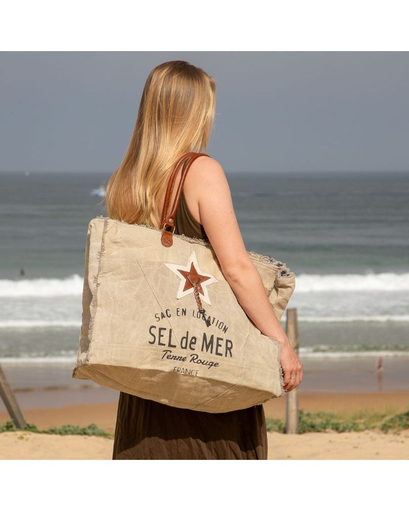 grand cabas de plage toile et cuir beige