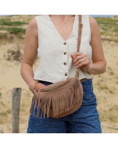 sac banane daim franges taupe