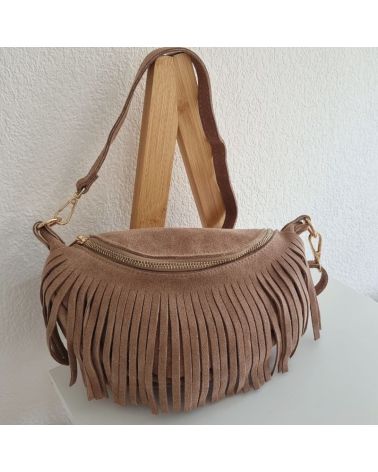 sac banane daim franges taupe