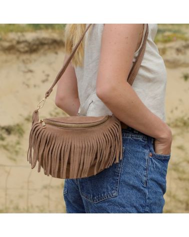 sac banane daim franges taupe