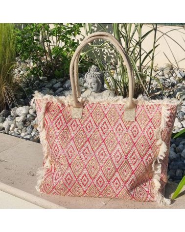 Sac de plage original en coton tissé rose et doré, cabas à franges au style bohème chic