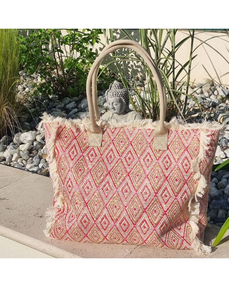 Sac de plage original en coton tissé rose et doré, cabas à franges au style bohème chic