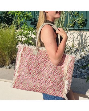 Sac de plage original en coton tissé rose et doré, cabas à franges au style bohème chic