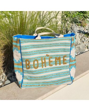 Cabas bleu BOHÈME en coton tissé, perles dorées et rayures, grand sac de plage original pour l’été