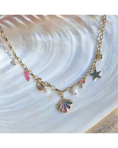 collier breloques été coquillages, cauris perle nacre tendance 2025
