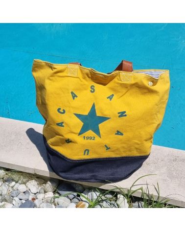 sac de plage toile neuve recyclée imprimé 1992 avec étoile devant style vintage chic pour plage ou piscine