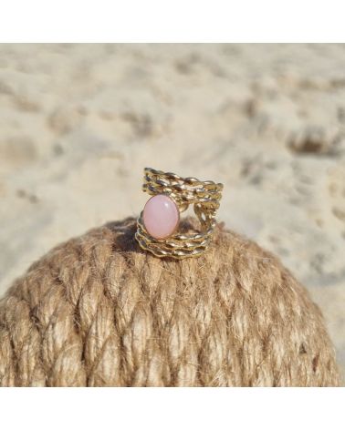 bague ajustable acier inoxydable double rang pierre quartz rose mile mila