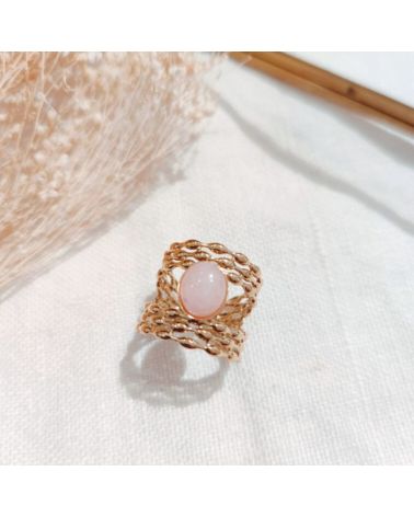 bague ajustable acier inoxydable double rang pierre quartz rose mile mila