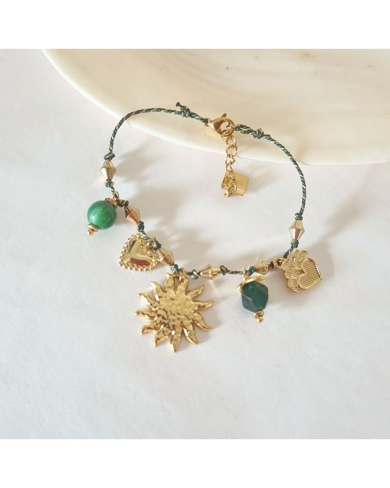 bracelet breloques soleil sur fil vert et lurex mile mila bijoux