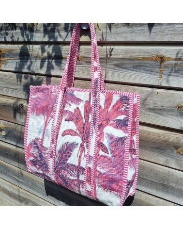 cabas coton matelassé rose imprimé palmiers sac d'été
