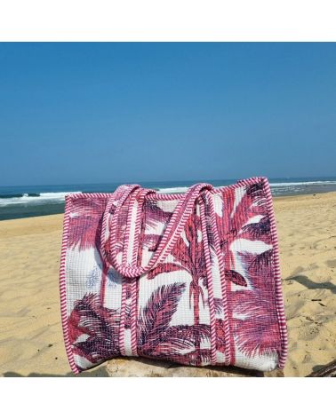 cabas coton matelassé imprimé palmiers écru et lilas pour la plage ou le shopping été 2025