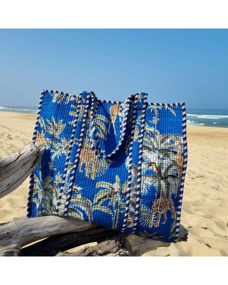 cabas coton matelassé blue palm imprimé safari jungle tropical mode été 2025