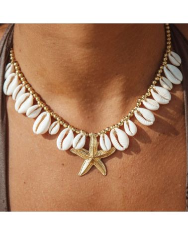 collier ras de cou coquillages cauris et étoile de mer acier inoxydable bijou été 2025