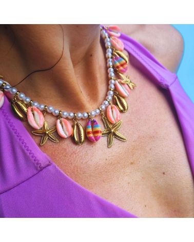 collier été coquillages rose breloques etoile de mer acier mile mila