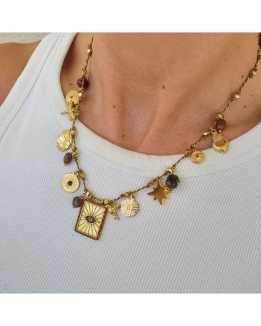 collier sur fil lurex breloques et pendentif œil