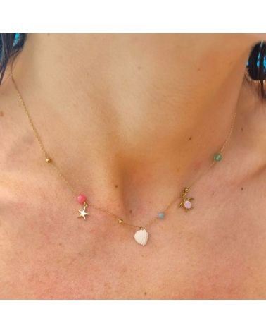 collier fin et discret acier breloques mer, coquillages et perles multicolores lolilota mile mila