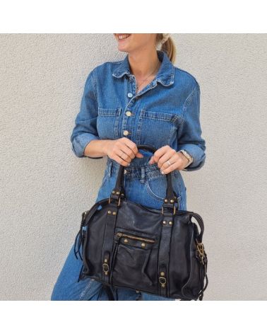 sac esprit vintage cuir noir sac de cours pour la fac ou le lycée