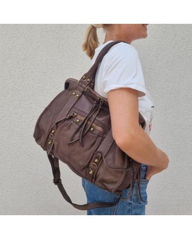 sac cuir vintage sac de cours étudiante avec bandoulière couleur taupe