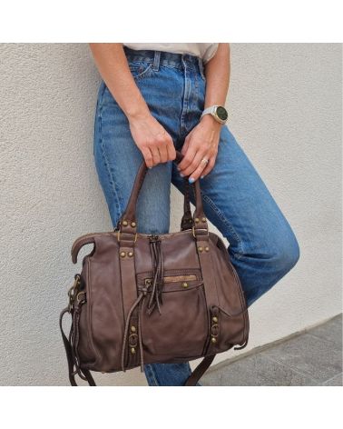 sac cuir vintage sac de cours étudiante avec bandoulière couleur taupe