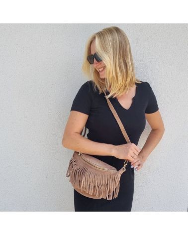 sac banane daim franges taupe