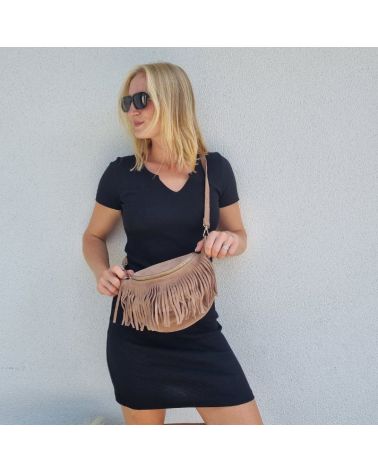 sac banane daim franges taupe