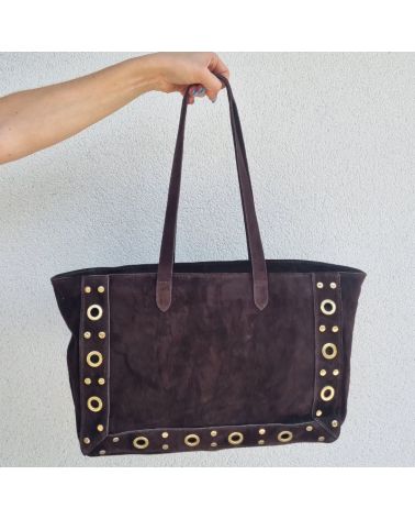 sac cabas daim café oeillets dorés