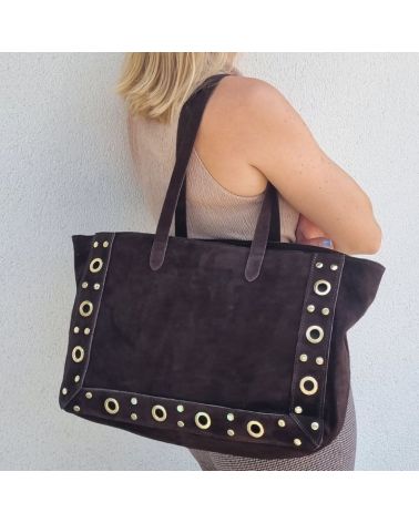 sac cabas daim café oeillets dorés
