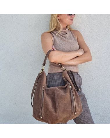 sac forme hobo daim et cuir couleur moka