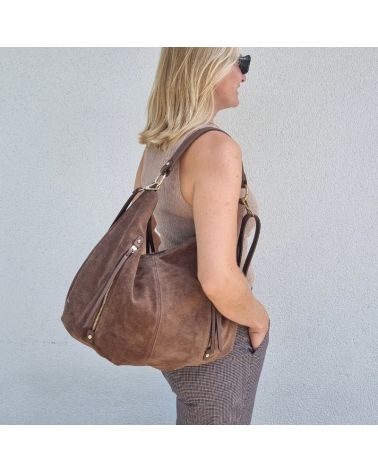 sac forme hobo daim et cuir couleur moka