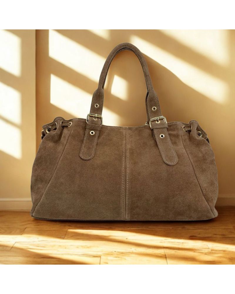sac à main daim forme bowling couleur taupe