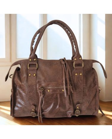 sac à main ou sac de cours en cuir brossé couleur chocolat