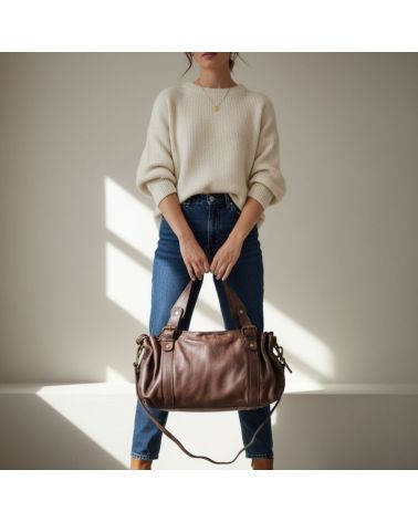 sac en cuir forme bowling couleur brun chocolat