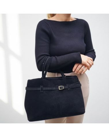 sac à main daim noir fabrication italienne détail ceinture fantaisie