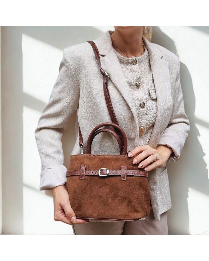 sac en daim format compact à bandoulière marron