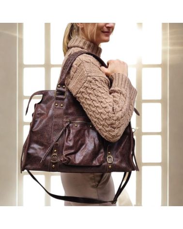 sac à main grand format cuir brossé couleur chocolat porté main ou bandoulière