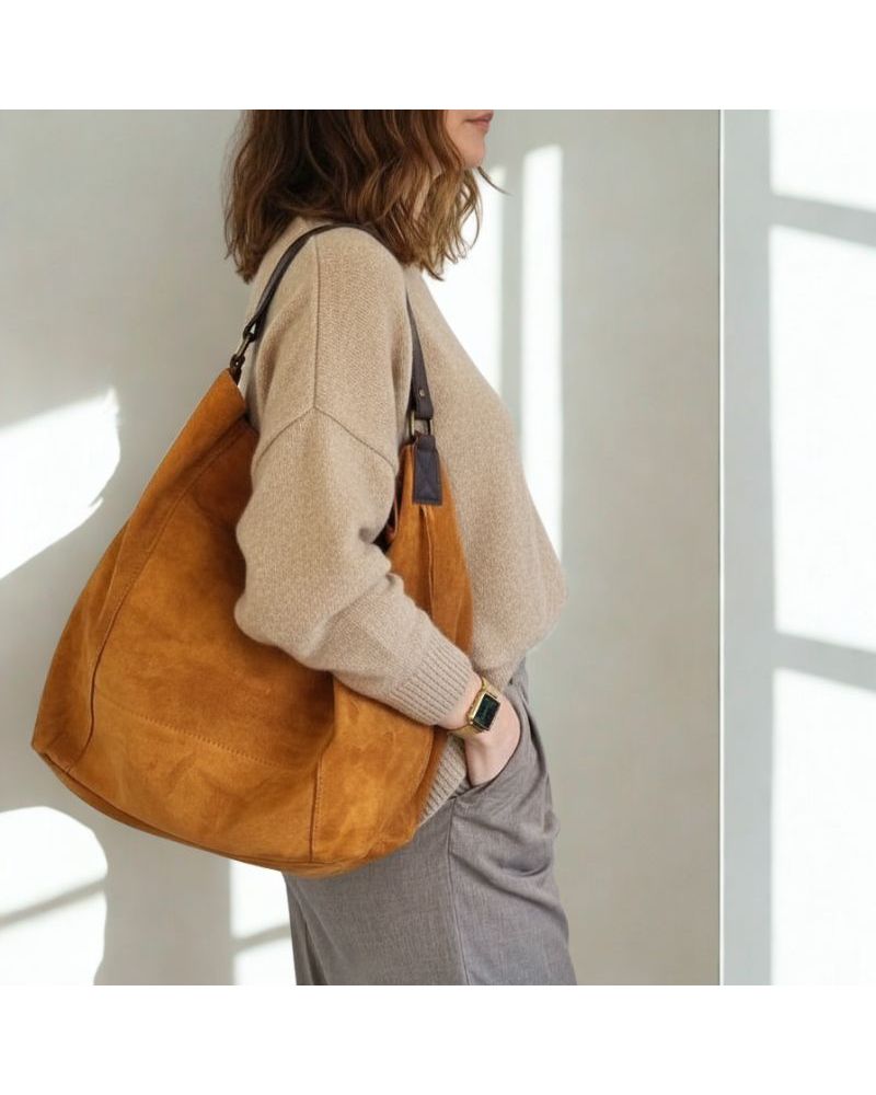 sac hobo daim et anse cuir couleur camel