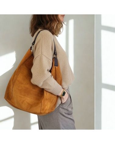 sac hobo daim et anse cuir couleur camel